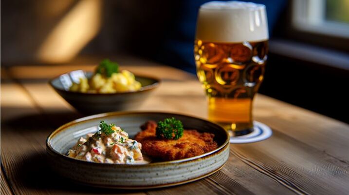 Serving of traditional German schnitzel with potato salad and a pint of German beer